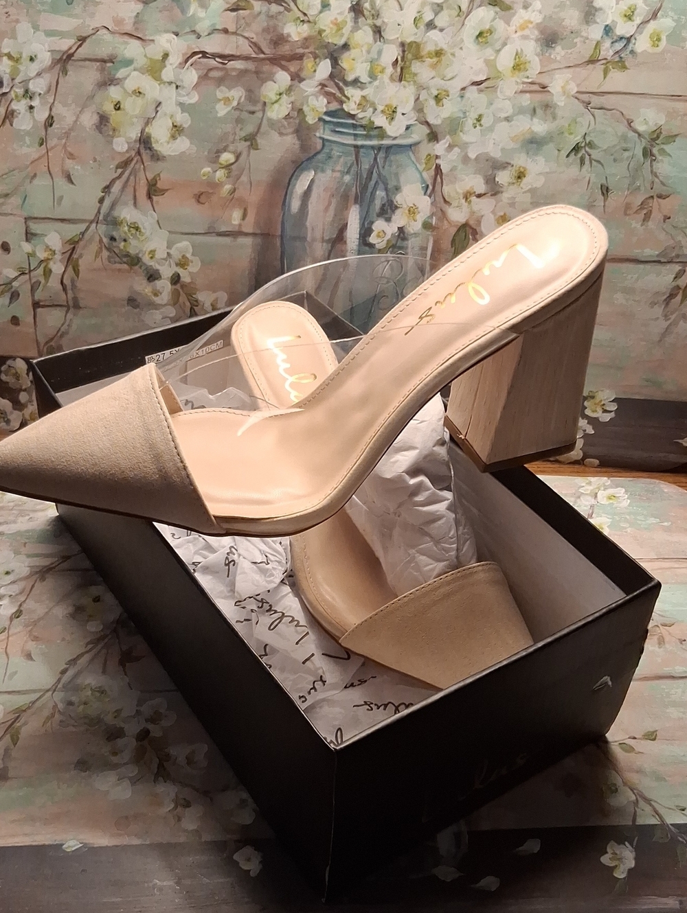 Clear Beige Block Heel Mules